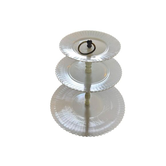 Depression MacBeth Evans Glass Petalware Monax White 3 Tiered Tidbit Server - Picture 2 of 11